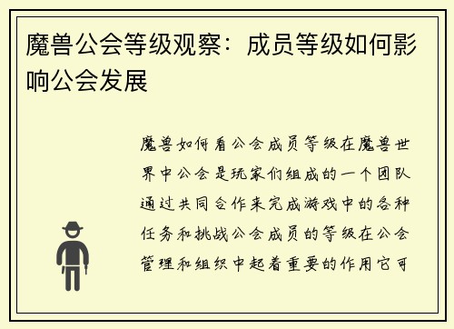 魔兽公会等级观察：成员等级如何影响公会发展